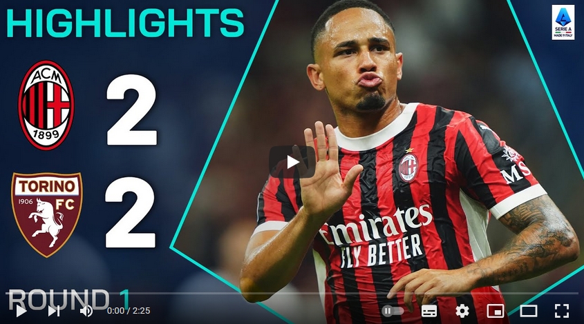 คลิปไฮไลท์กัลโช่ เซเรียอา อิตาลี เอซี มิลาน 2 - 2 โตริโน่