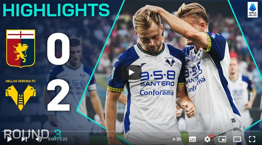 คลิปไฮไลท์กัลโช่ เซเรียอา อิตาลี เจนัว 0 - 2 เวโรน่า