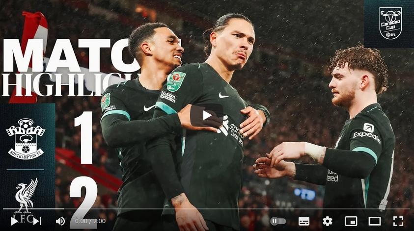 คลิปไฮไลท์ลีกคัพ อังกฤษ เซาแธมป์ตัน 1 - 2 ลิเวอร์พูล