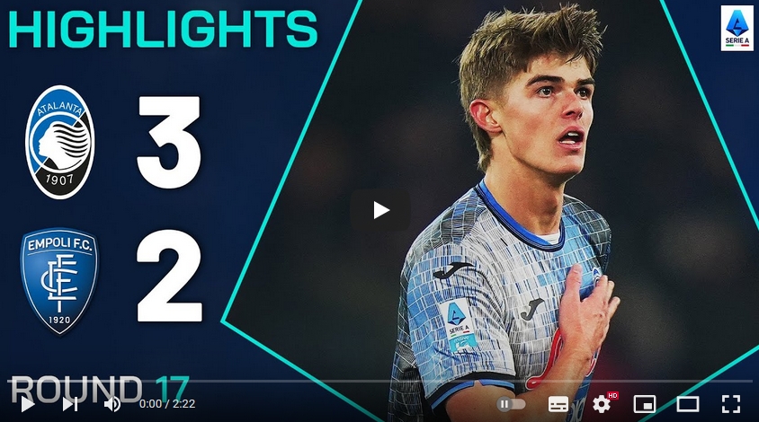 คลิปไฮไลท์กัลโช่ เซเรียอา อิตาลี อตาลันต้า 3 - 2 เอ็มโปลี