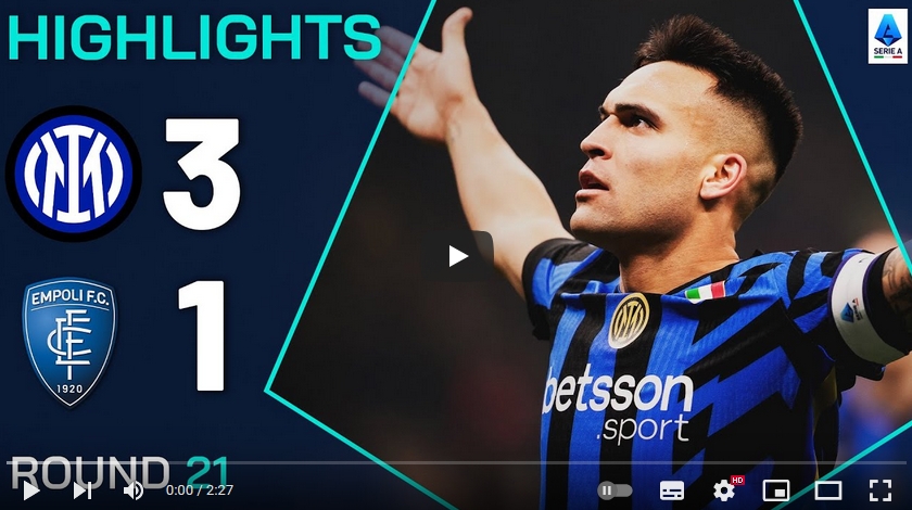 คลิปไฮไลท์กัลโช่ เซเรียอา อิตาลี อินเตอร์ มิลาน 3 - 1 เอ็มโปลี