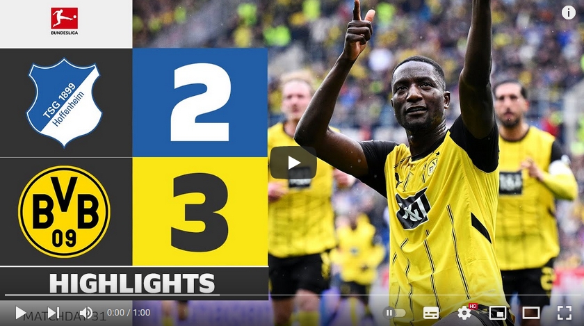คลิปไฮไลท์บุนเดสลีกา เยอรมัน ทีเอสจี ฮอฟเฟนไฮม์ 2 - 3 โบรุสเซีย ดอร์ทมุนด์